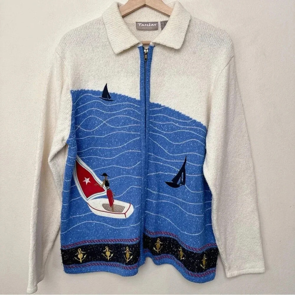 TANJAY Womens Medium Petite Sailboat Vintage Nautical Lady Embroidered Cardigan - Picture 4 of 16